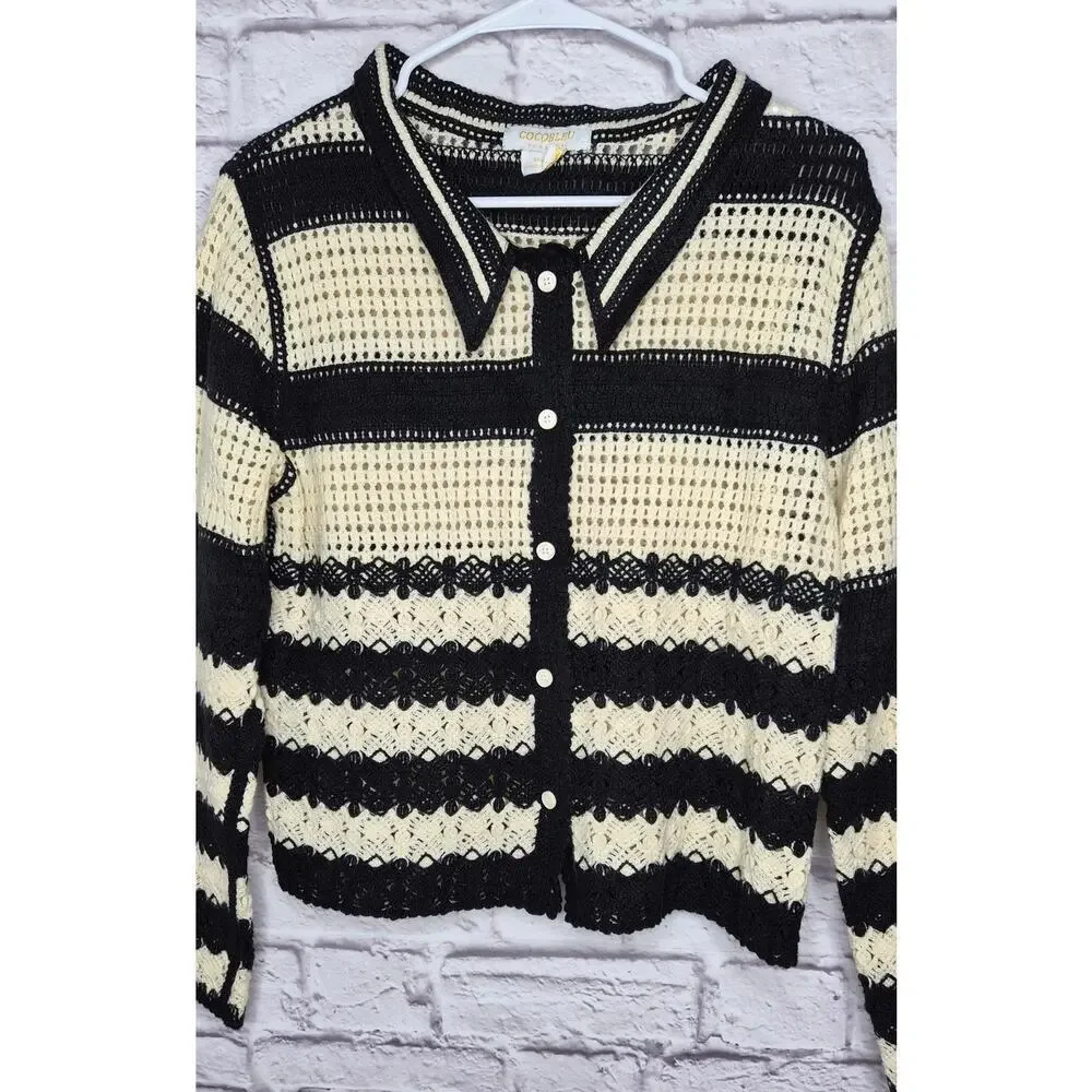 COCOBLEU NY Crochet Knit Cardigan Sweater Medium Black White Striped Boho Button
